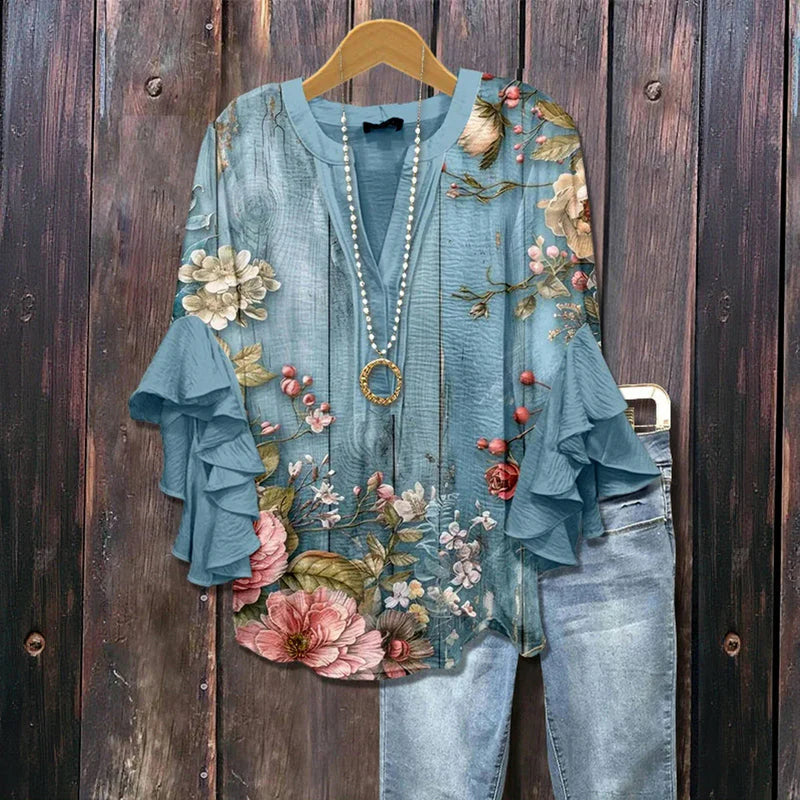 Florielle™ | Vintage Bloom Ruffle-Sleeve Blouse