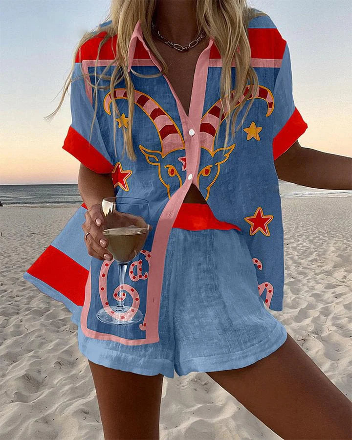 Jorelle™ | Linen Short Set with Goat Print