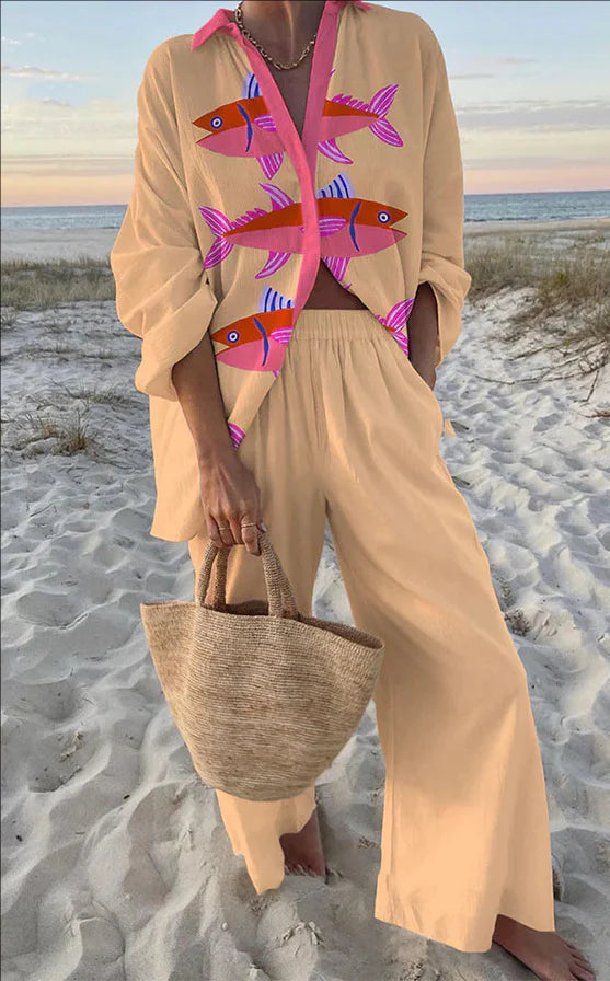 EVALISSE™ – PINK FISH PRINT LINEN SET