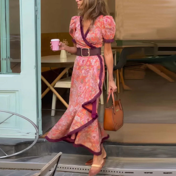 Lea™ | Elegant Rose Maxi Dress with Short Sleeves