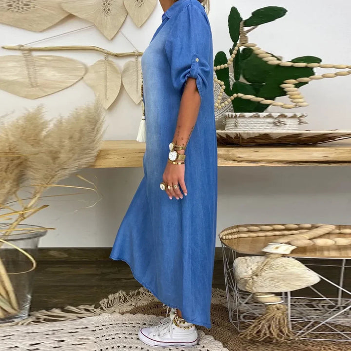 Lea™ | Long Denim‑Look Dress with Side Slit