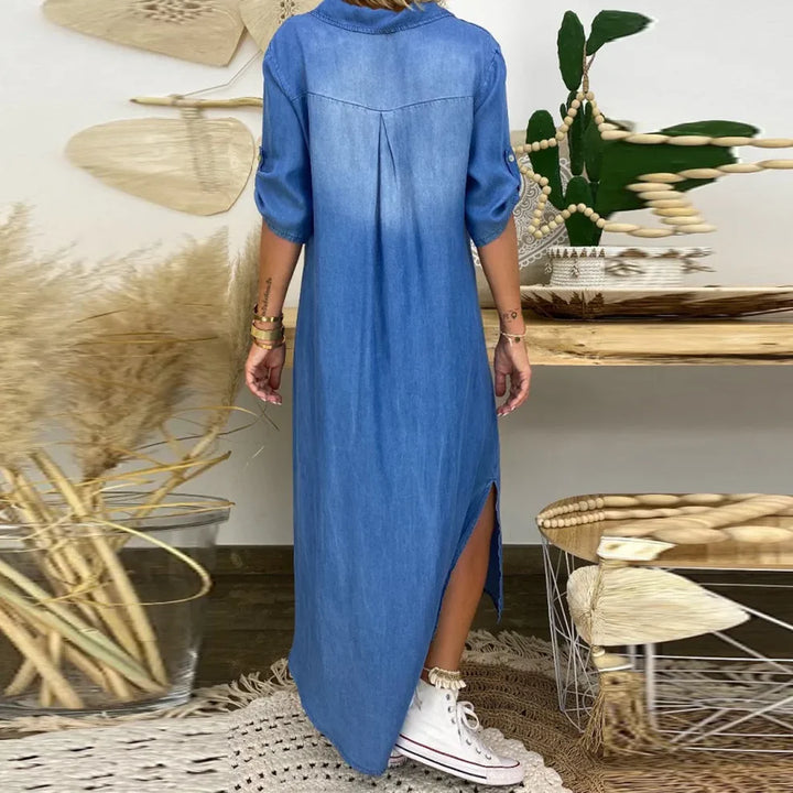 Lea™ | Long Denim‑Look Dress with Side Slit