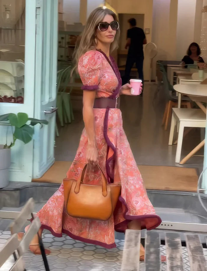 Lea™ | Elegant Rose Maxi Dress with Short Sleeves