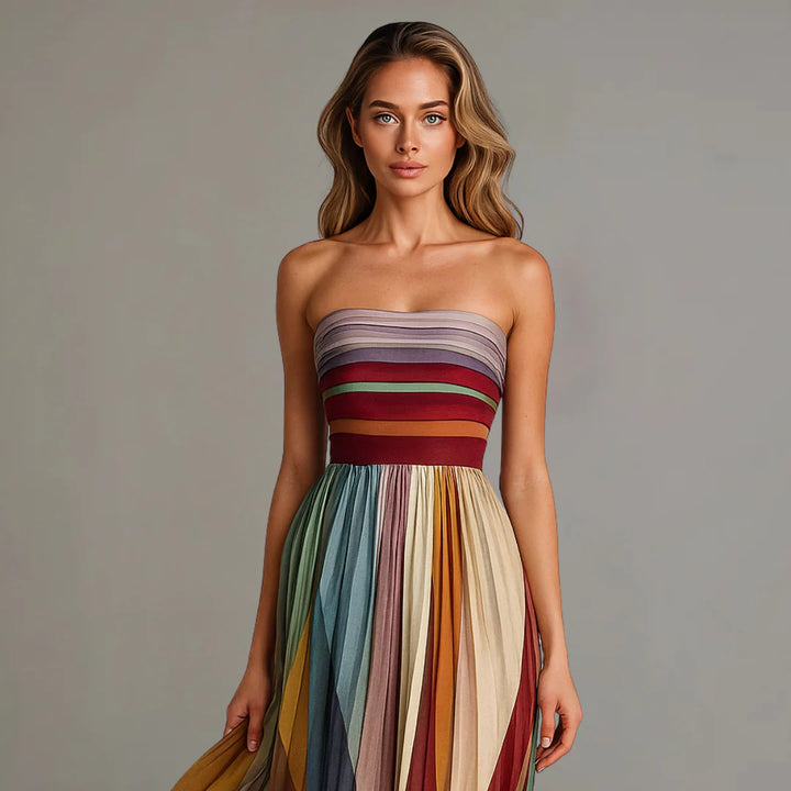 Serenara™ | Strapless Rainbow Pleated Maxi Dress
