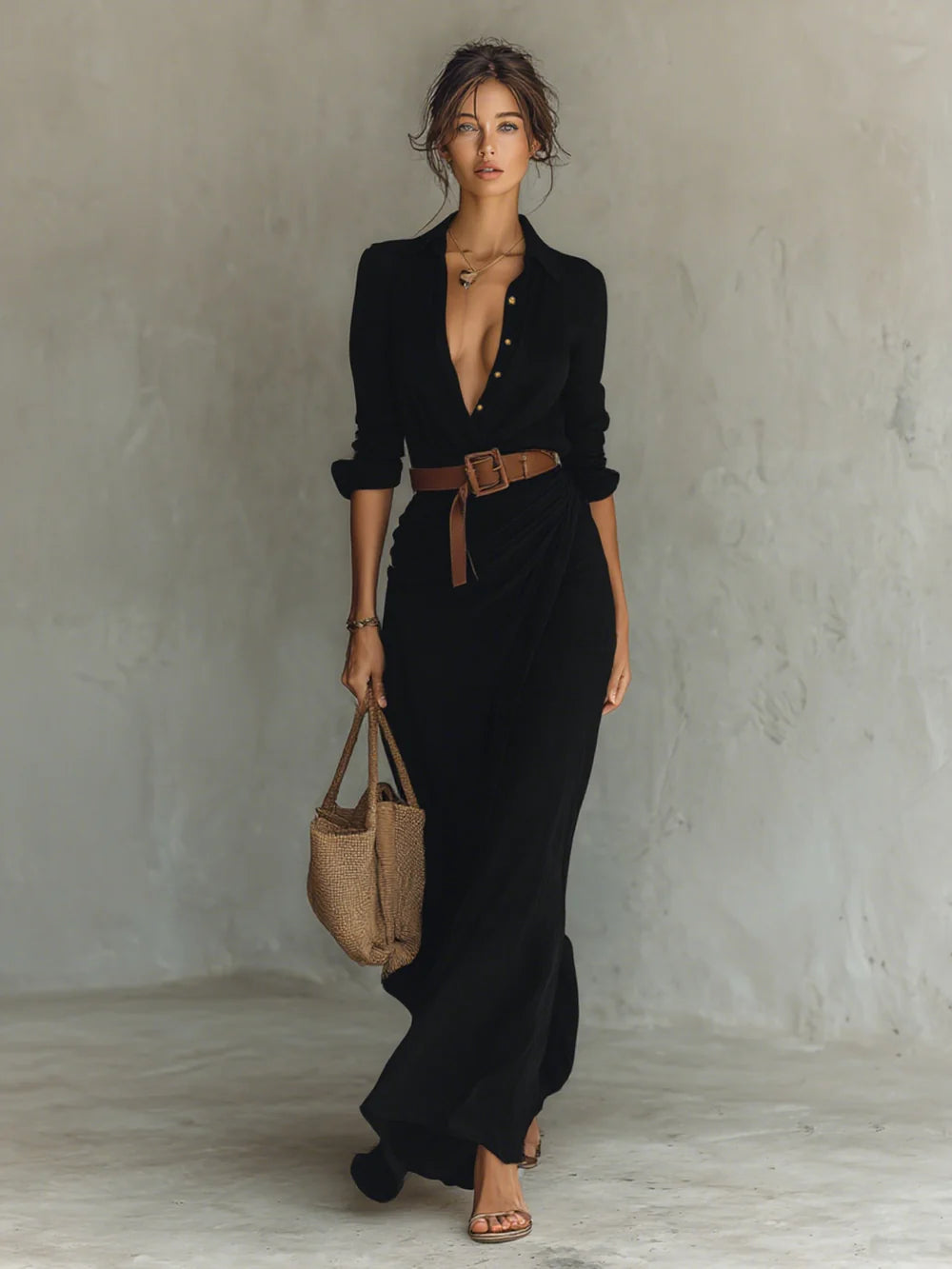 Elena™ | Maxi Long Dress with Lapel Collar