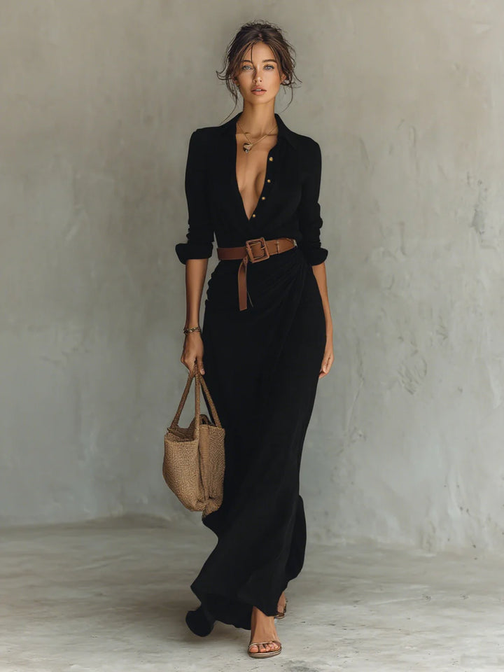 Elena™ | Maxi Long Dress with Lapel Collar
