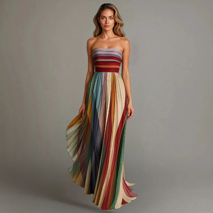 Serenara™ | Strapless Rainbow Pleated Maxi Dress