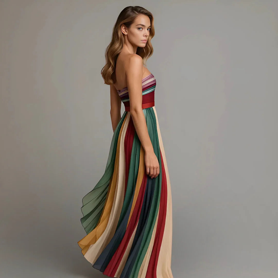 Serenara™ | Strapless Rainbow Pleated Maxi Dress