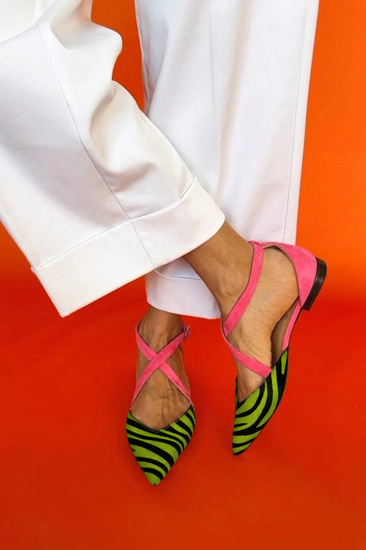 Linali™ | Flat Sandals with Zebra Print and Crisscross Ankle Straps