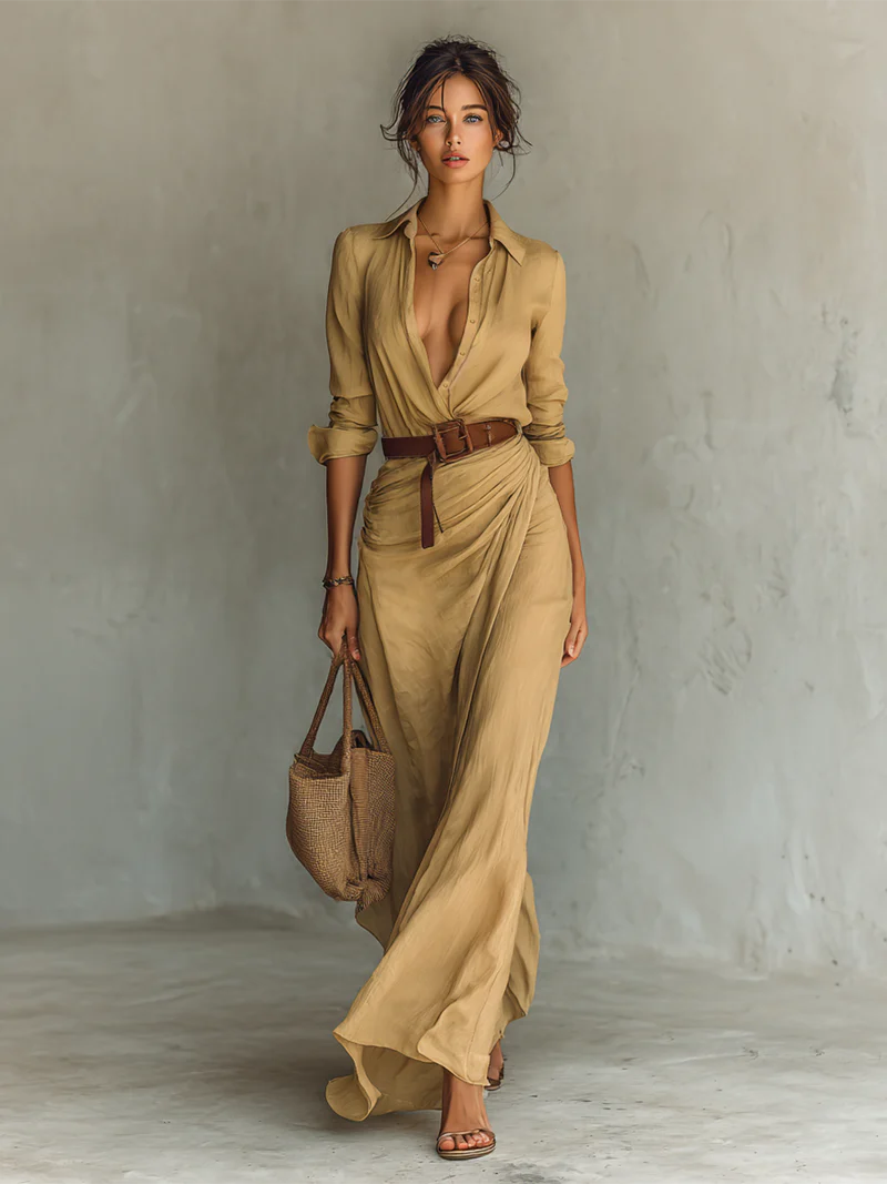 Elena™ | Maxi Long Dress with Lapel Collar