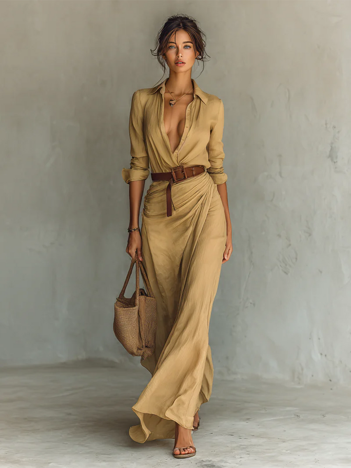 Elena™ | Maxi Long Dress with Lapel Collar