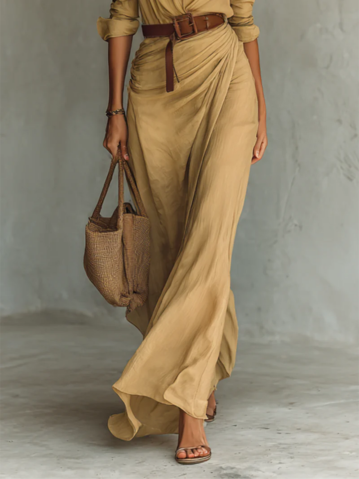 Elena™ | Maxi Long Dress with Lapel Collar