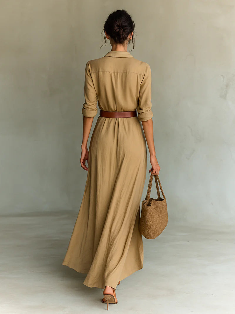 Elena™ | Maxi Long Dress with Lapel Collar