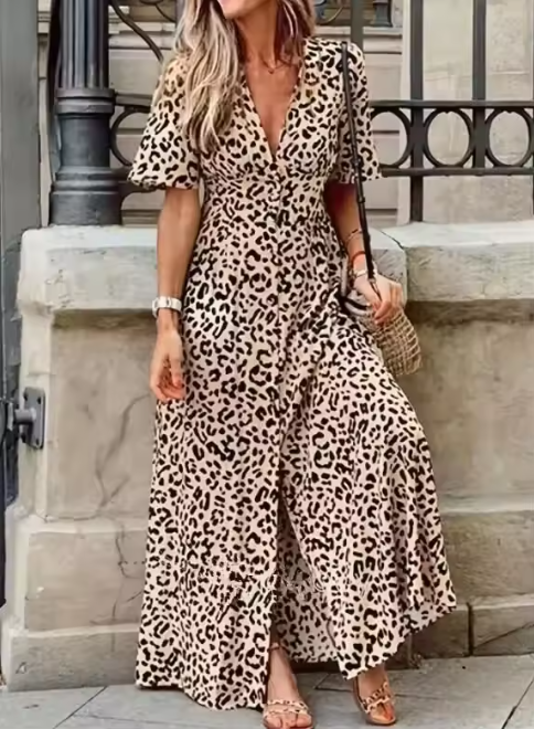 LORELLA™ – ELEGANT LEOPARD PRINT V-NECK DRESS