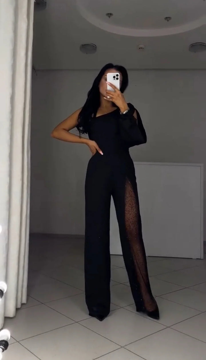VELINA™ – ONE-SHOULDER SPARKLE JUMPSUIT