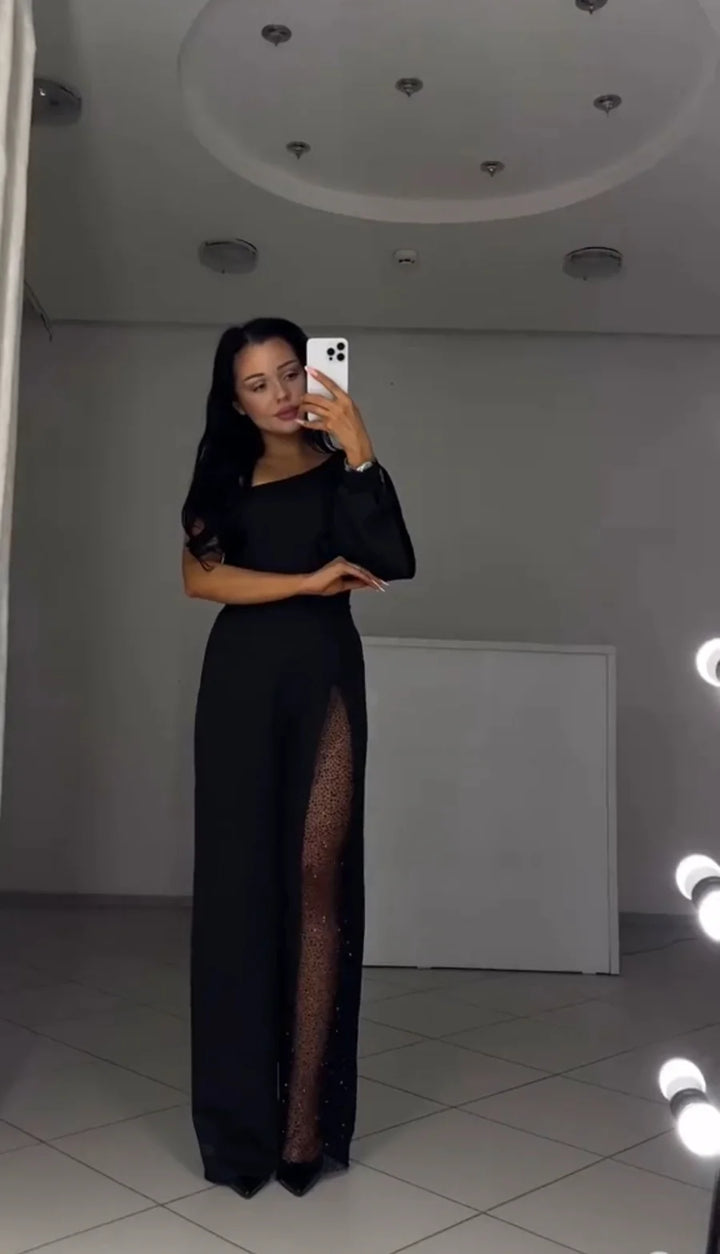 VELINA™ – ONE-SHOULDER SPARKLE JUMPSUIT