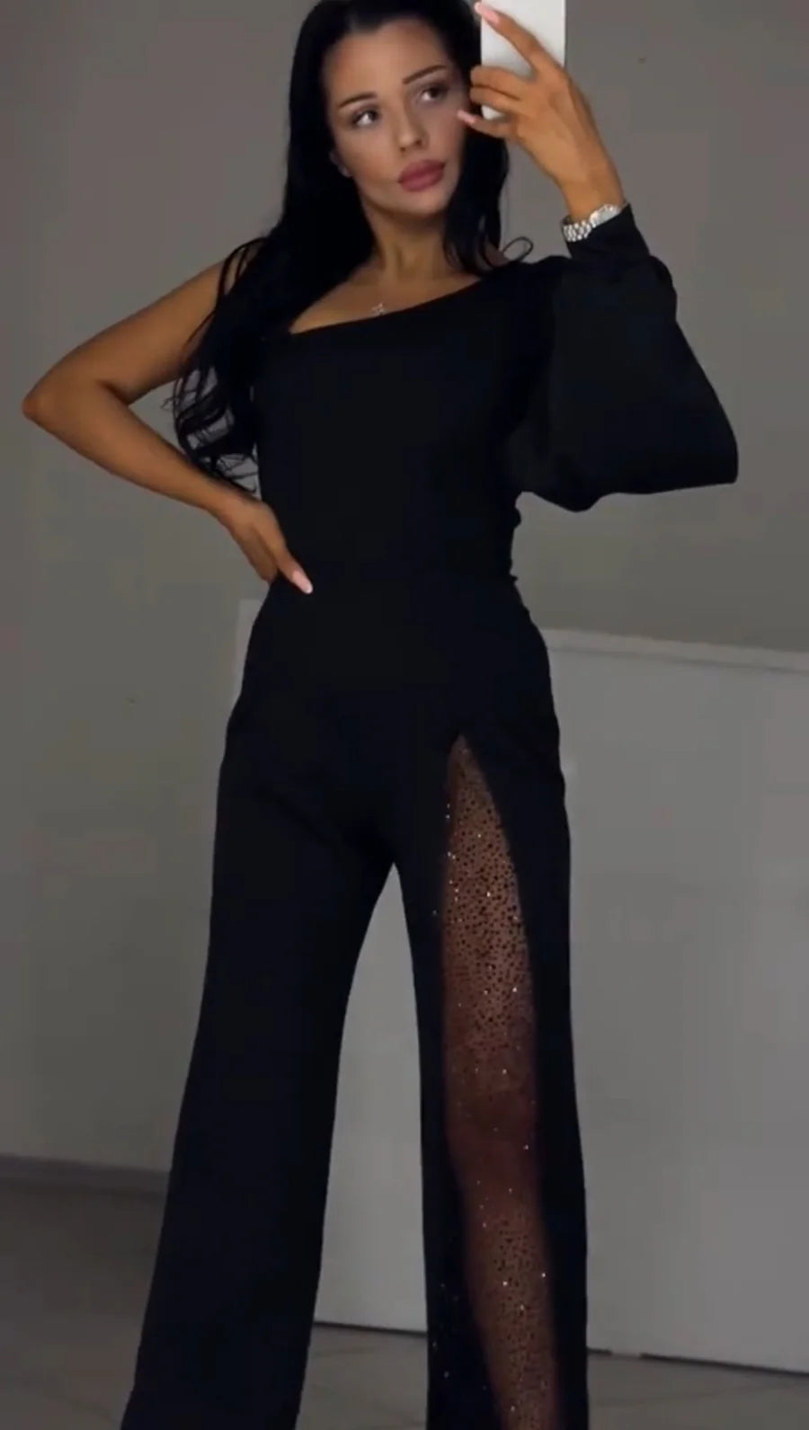 VELINA™ – ONE-SHOULDER SPARKLE JUMPSUIT