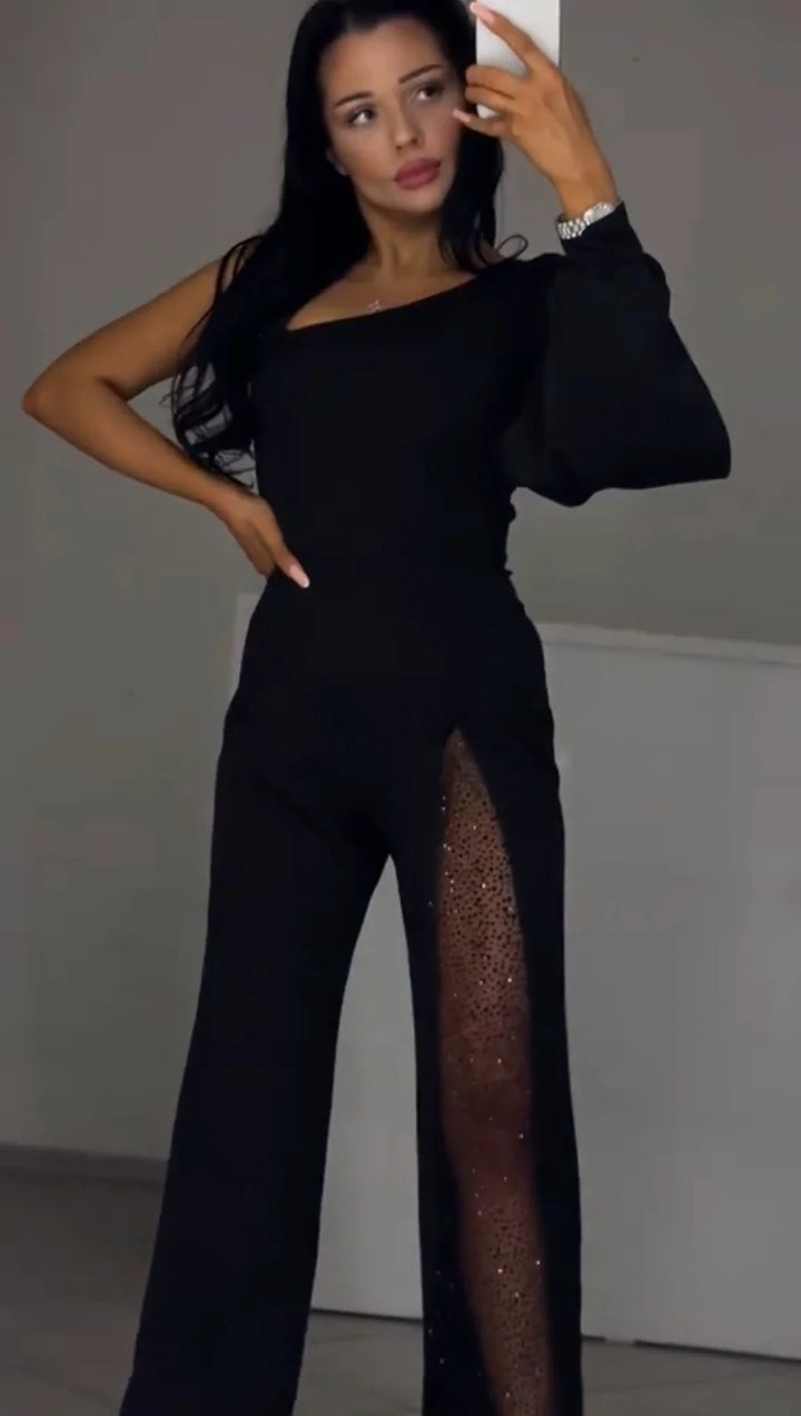 VELINA™ – ONE-SHOULDER SPARKLE JUMPSUIT